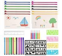 TUFA Busta Stoffa Piccola Vuota, 12 Pezzi Astuccio in Cotone con Cerniera, Sacchetti di Stoffa da Dipingere, DIY Astuccio Matite con 18 Penne + 1 Righello + 12 Stencil per Graffiti (21x12cm)