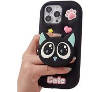 TUFTA Custodia per iPhone 16 con supporto pop-up in 3D a forma di gatto Kawaii, in morbido silicone, motivo con adorabile ragazza, ragazza, ragazza, adolescenti, donna, colore nero