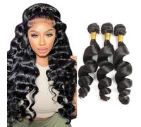 Tuheerst 24 26 28 Inch 1B Natural Black Bundles Human Hair Double Weft Loose Wave Capelli Umani Extensions Unprocessed Tissage Brazilian Virgin Human Hair Total 3 Bundles Total 150g