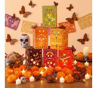 Tujoe Set di 96 portacandele a forma di teschio Dia De Los Muertos con luci LED e calendula artificiale, farfalla monarca per decorazione esterna