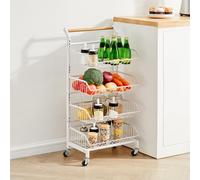 TUKAILAI Scaffale per verdure da cucina, carrello da cucina, con ruote bloccabili e manico in legno, 4 ripiani, rimovibile, per bagno, cucina, ufficio (bianco)