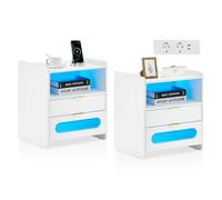 TUKAILAI Set di 2 comodini a LED, tavolino bianco con funzione di ricarica, comodino con 2 cassetti, comodino moderno per soggiorno e camera da letto