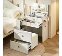 TUKAILAi Tavolo da Trucco 3 in 1 con specchio LED ribaltabile, stazione di ricarica e mobile scorrevole, piano in vetro, 3 cassetti e sgabello portaoggetti, compatto per camera da letto (White)