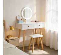 TUKAILAi Toeletta Bianca con LED a luminosità Regolabile Luci tattili Specchio, Sgabello e 2 cassetti Set da toeletta Tavolo da Trucco Cosmetici Comò Mobili Camera da Letto