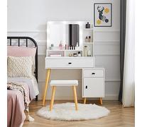 TUKAILAi Toeletta con Luci LED e Sgabello, Tavolo da Trucco Moderno con Specchio, Postazione Make-up con 6 Mensole Aperte e 3 Cassetti, Toeletta Trucco Bambina Salvaspazio legno