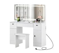 TUKAILAI Toeletta con Luci LED Regolabile, Tavolo da Toeletta Moderno con Specchio e Sgabello Imbottito, Postazione Make-up con 3 Cassettis e 2 Armadietto, Toeletta Trucco Angolare Bianca 117*40*135cm