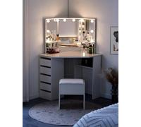 TUKAILAi Toeletta con Specchio Tre Lati, Toeletta da Trucco Moderno con Luci LED y Sgabello, Tavolo da Trucco Angolare Bianco con 5 Cassettis e 2 Mensole Aperte 114 * 61 * 140cm Camere da Letto
