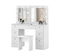TUKAILAi Toeletta Trucco Bianca con Luci Hollywood, Tavolo da Toeletta Moderno con Specchio e Sgabello Imbottito, Postazione Make-up con 7 Cassettis, Toeletta Trucco Angolare 117 * 40 * 135cm