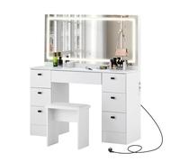 TUKAILAi Toeletta Trucco Bianca con Luci Hollywood, Tavolo da Toeletta Moderno con Specchio e Sgabello Imbottito, Postazione Make-up con 7 Cassettis, Toeletta Trucco Angolare 117 * 40 * 135cm