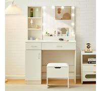 TUKAILAi Toeletta Trucco con Luci LED e Prese e Sgabello, Tavolo da Trucco con 3 Cassettis e 6 Ripiani Aperti, Postazione Make-up Bianco per la Camera da Letto Moderno 90 * 40 * 140 CM