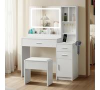 TUKAILAi Toeletta Trucco con Luci LED e Sgabello e Prese, Tavolo da Trucco con 4 Cassettis e 6 Ripiani Aperti e Ganci per Gioielli, Postazione Make-up Bianco per Camera da Letto 100 * 40 * 137 CM