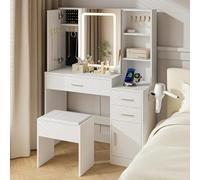 TUKAILAi Toeletta Trucco con Luci LED e Sgabello e Prese, Tavolo da Trucco con 4 Cassettis e 7 Ripiani Aperti e Ganci per Gioielli, Postazione Make-up Bianco Camera da Letto 100 * 40 * 137 CM