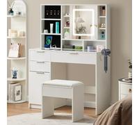 TUKAILAi Toeletta Trucco con Luci LED e Sgabello e Prese, Tavolo da Trucco con 4 Cassettis e 9 Ripiani Aperti e Ganci per Gioielli, Postazione Make-up Bianco Camera da Letto 100 * 40 * 137 CM