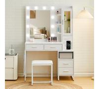 TUKAILAi Toeletta Trucco con Luci LED e Sgabello e Prese, Tavolo da Trucco con 5 Cassettis e 5 Ripiani Aperti, Postazione Make-up Bianco per la Camera da Letto Moderno 100 * 40 * 150 CM