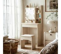 TUKAILAi Toeletta Trucco con Luci LED e Sgabello, Tavolo da Trucco con Specchio Scorrevole, toeletta trucco salvaspazio con 1 Cassetti e 6 Mensoles, Postazione Make-up Bianco Angolare Camera da Letto