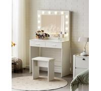 TUKAILAi Toeletta Trucco con Luci LED e Specchio, Toeletta Trucco Salvaspazio con 2 Cassettos, Tavolo da Toeletta con Sgabello Postazione Make Up Design Bianco Moderno 80 * 40 * 140CM
