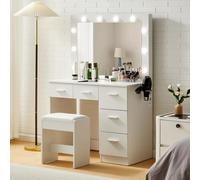 TUKAILAi Toeletta Trucco con Luci LED e Specchio, Toeletta Trucco Salvaspazio con 5 Cassettos, Tavolo da Toeletta USB Port e Porta Asciugacapelli Make Up Bianco Moderno 92 * 45 * 140CM