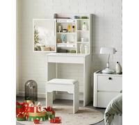 TUKAILAi Toeletta Trucco con Sgabello, Tavolo da Trucco con Specchio Scorrevole, toeletta trucco salvaspazio con 1 Grand Cassetti e 6 Mensoles, Postazione Make-up Bianco Angolare Camera da Letto