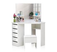 TUKAILAi Toeletta Trucco con Sgabello, Tavolo da Trucco con Specchio Tre Lati, Toeletta da Trucco Moderno con 5 Cassettis e 2 Mensoles, Postazione Make-up Bianco Angolare Camera da Letto