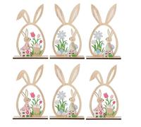 TUKRKRS 6pack Wooden Easter Bunny Table Decorations-Cute Egg Shaped Rabbit Sign with Spring Flowers & Eggs, Rustic Wood Cutout Statues for Indoor Party Mantle