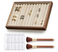 TUKRKRS Mother’s Day Gift Solid Wood Velvet Jewelry Tray, Stackable Organizer with 10 Storage Pouches and 2 Brushes, Rounded Edges, for Rings Earrings Necklaces(12 Line)
