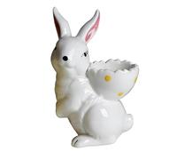 TUKRKRS Set of 2 Hand-Painted Ceramic Easter Bunny Egg Holders Cute Rabbit Figurine with Egg Backpack Porcelain Breakfast Cup Stand Spring Table Decor Gift (White & Yellow)(Yellow)