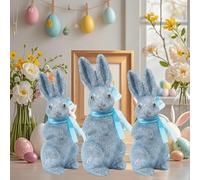 TUKRKRS Set of 3 Green Easter Bunny Decorations - Vivid Foam Rabbit Figurines with Ribbons, Spring Garden Themed Table Ornament for Easter Egg Hunt, Patio Living Room Decor(Blue Rabbit)