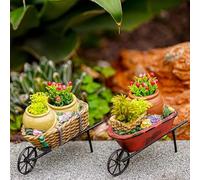 TUKRKRS Vintage Iron Trolley Plant Stand with Deep Red Flower Pot - Retro Home Décor, Indoor Plant Pots & Planter for Plants, Rustic Cart Style Garden Accessory(Yellow)