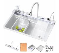 TULAZOU - Lavello da cucina, lavello in acciaio inox T304, lavello da cucina multifunzionale, lavandino a cascata, lavello da incasso con rubinetto digitale multifunzionale e vari accessori (68 x 45