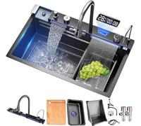 TULAZOU Lavello da cucina,T304 Lavello da cucina in acciaio inox,Lavello cucina multifunzione,Lavello a cascata,Lavello da incasso con rubinetto digitale multifunzionale e vari accessori(80x45cm)