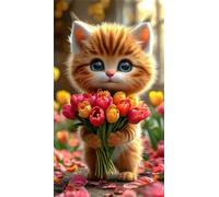 Tulip Flower Cat Diamond Art Kits,5D Diamond Painting Kits for Adults,DIY Full Square Drill diamond painting kits for Beginners Rhinestone Embroidery Picture Art For Home Decor 40x90 cm