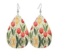 Tulip illustrazione modello orecchini in pelle stampata su entrambi i lati int e forma di gocce d'acqua, creativo, leggero e romanzo, colori vivaci e vivaci.