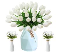 Tulipani Artificiali, 12 Pezzi Fiori Finti di Tulipani, Artificiale Tulipani in Lattice, Artificiali Tulipani con Foglie, for Matrimonio, Festa, Composizioni Floreali, Bouquet da Sposa (Bianco)