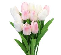 Tulipani Artificiali, 12 Pezzi Fiori Finti di Tulipani, Artificiale Tulipani in Lattice per Matrimonio, Festa, Composizioni Floreali, Bouquet da Sposa (Bianco & rosa)