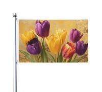 Tulipani gialli viola e arancioni su bandiere dorate per la casa, 0,9 x 1,5 m, striscione di auguri con occhielli per interni ed esterni, decorazioni per la casa per feste