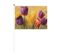Tulipani gialli, viola e arancioni su piccole bandiere dorate, mini bandiere su bastone per feste, attività di squadra, parate, decorazione per vacanze, confezione da 10