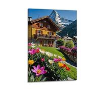 Tulipano, stampa colorata con chalet di montagna, stampa colorata, stampa su tela, splendida immagine su tela, decorazione edificante per camera da letto e soggiorno, decorazione artistica da parete
