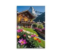 Tulipano, stampa colorata con chalet di montagna, stampa colorata, stampa su tela, splendida immagine su tela, decorazione edificante per camera da letto e soggiorno, decorazione artistica da parete