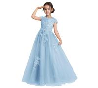 Tulle Flower Girl Abiti Pizzo Ricamo Cap Maniche A Linea Lungo Pageant Abiti da ballo per bambini, Azzurro, 14 anni