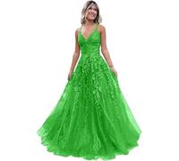 Tulle Prom Dresses Adolescenti Pizzo Applique A Line Abito di Sfera Elegante Spaghetti Cinghie V Collo Principessa Abiti da Sera, Verde, XXS