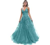 Tulle Prom Dresses Adolescenti Pizzo Applique A Line Abito di Sfera Elegante Spaghetti Cinghie V Collo Principessa Abiti da Sera, Blu acqua, 5XL plus