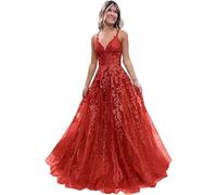 Tulle Prom Dresses Adolescenti Pizzo Applique A Line Abito di Sfera Elegante Spaghetti Cinghie V Collo Principessa Abiti da Sera, Rosso, XS