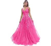 Tulle Prom Dresses Adolescenti Pizzo Applique A Line Abito di Sfera Elegante Spaghetti Cinghie V Collo Principessa Abiti da Sera, Rosa acceso, 4XL