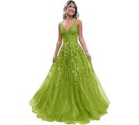 Tulle Prom Dresses Adolescenti Pizzo Applique A Line Abito di Sfera Elegante Spaghetti Cinghie V Collo Principessa Abiti da Sera, Verde oliva, 6XL plus