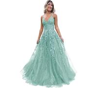 Tulle Prom Dresses Adolescenti Pizzo Applique A Line Abito di Sfera Elegante Spaghetti Cinghie V Collo Principessa Abiti da Sera, Verde menta, 7XL Plus