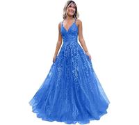 Tulle Prom Dresses Adolescenti Pizzo Applique A Line Abito di Sfera Elegante Spaghetti Cinghie V Collo Principessa Abiti da Sera, Blu, XXS