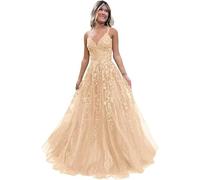 Tulle Prom Dresses Adolescenti Pizzo Applique A Line Abito di Sfera Elegante Spaghetti Cinghie V Collo Principessa Abiti da Sera, cachi, XL