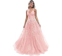 Tulle Prom Dresses Adolescenti Pizzo Applique A Line Abito di Sfera Elegante Spaghetti Cinghie V Collo Principessa Abiti da Sera, rosa, XXS