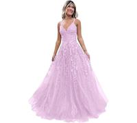 Tulle Prom Dresses Adolescenti Pizzo Applique A Line Abito di Sfera Elegante Spaghetti Cinghie V Collo Principessa Abiti da Sera, Lilla, S