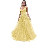 Tulle Prom Dresses Adolescenti Pizzo Applique A Line Abito di Sfera Elegante Spaghetti Cinghie V Collo Principessa Abiti da Sera, Giallo, 3XL